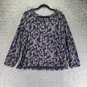 Croft & Barrow Top Womens 1X Black Purple Leaf Print Cotton Blend Long Sleeve Ca